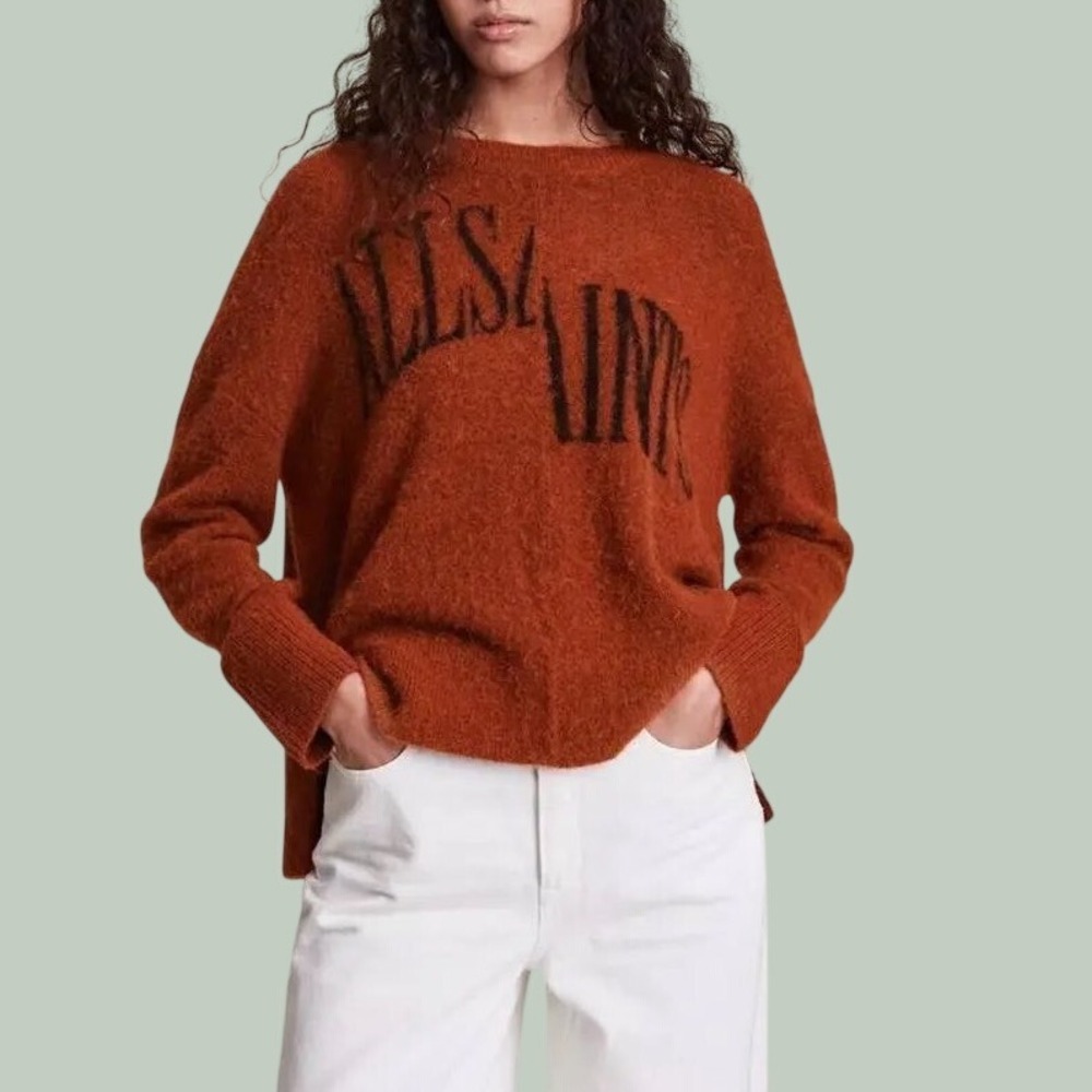 AllSaints Split Saint Crewneck Sweater Rust Terracotta Alpaca Wool XS